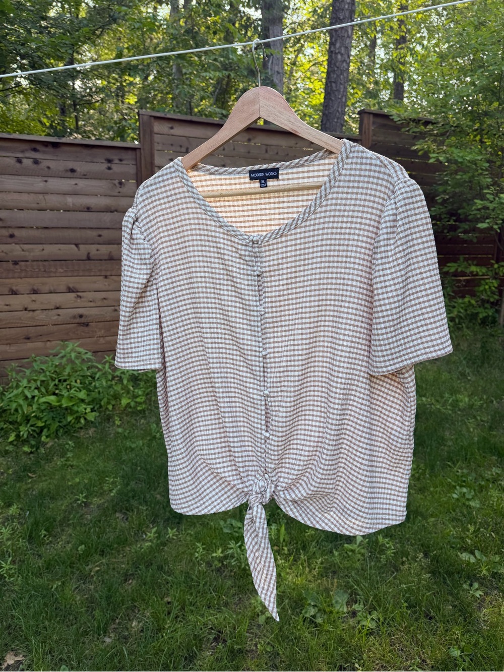 Modern Works Tie-Front Gingham Button Blouse in Beige